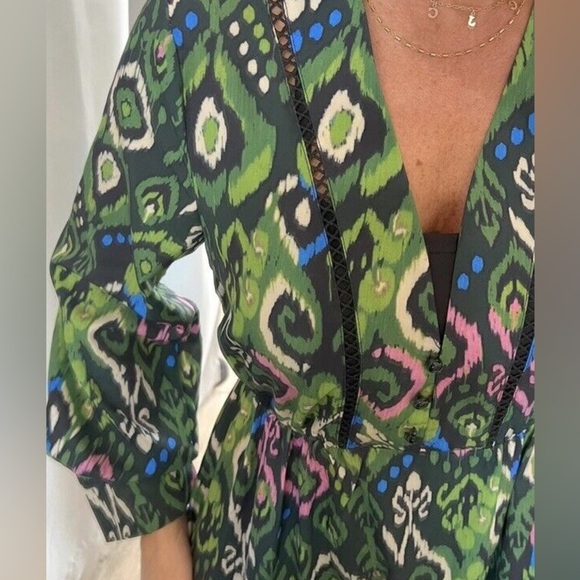 NWT. Zara Multicolored Printed Lace Inserts V-neck Midi Dress. Size S. - Picture 6 of 11